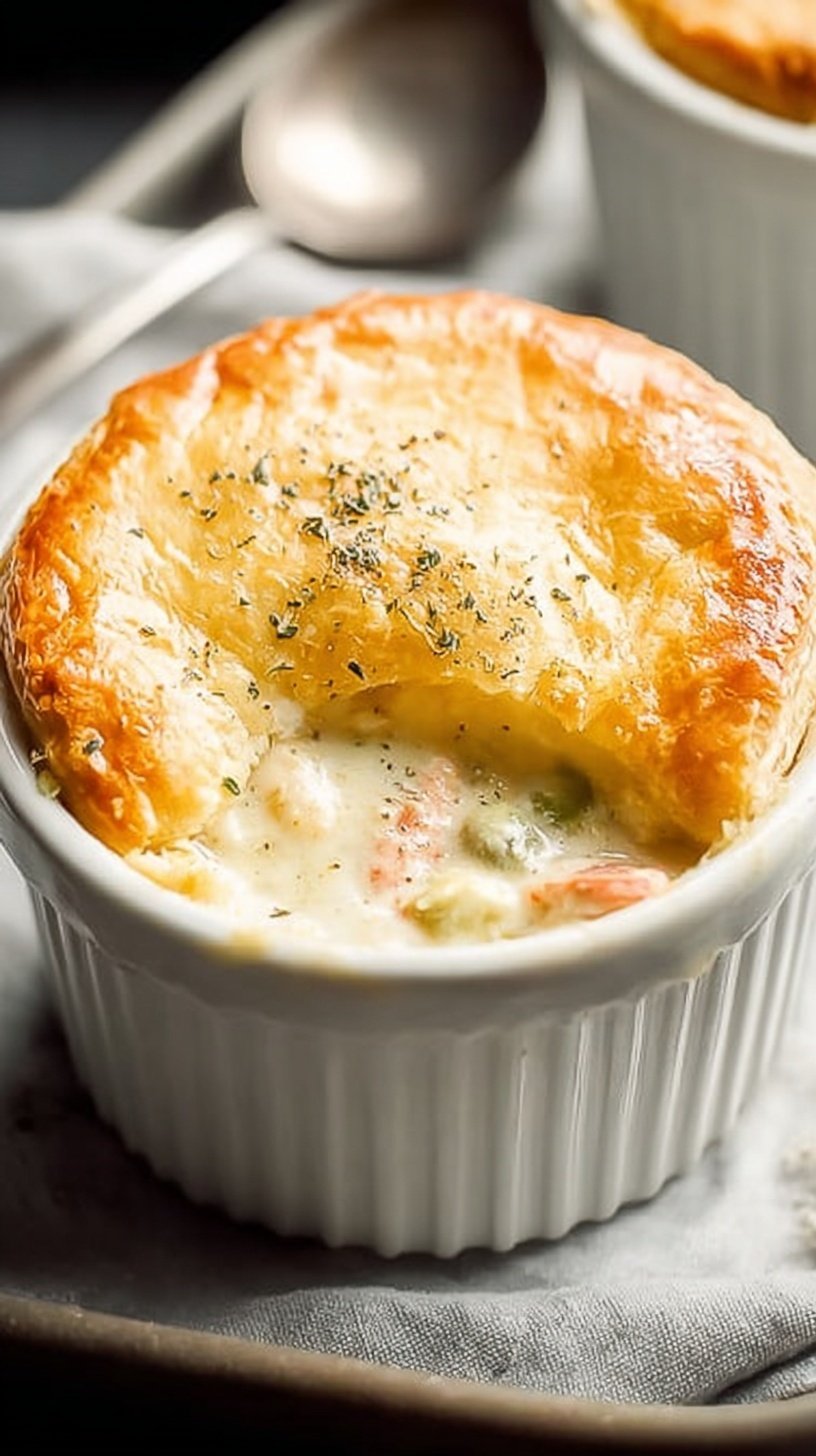 A golden brown Keto Chicken Pot Pie in a white ceramic dish with a slice removed to show the creamy chicken filling.