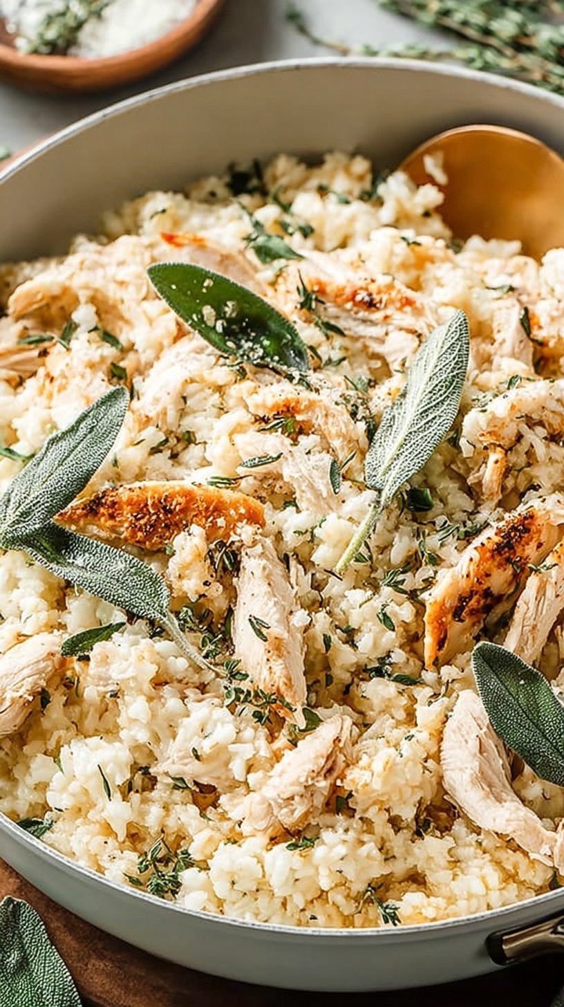 A creamy bowl of Parmesan cauliflower risotto topped with fresh parsley and extra cheese.