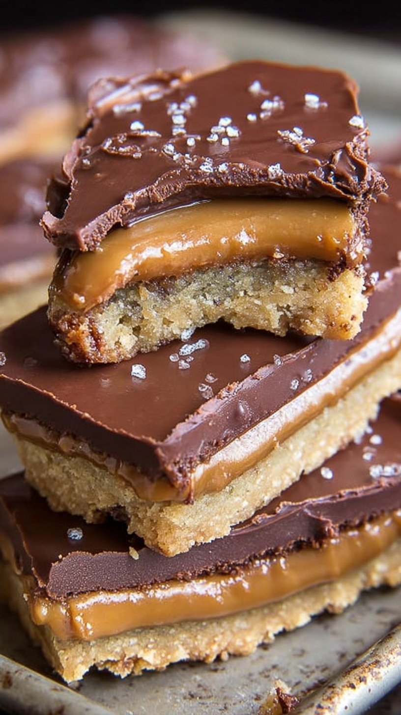 Homemade keto twix bars with layers of shortbread, caramel, and chocolate.