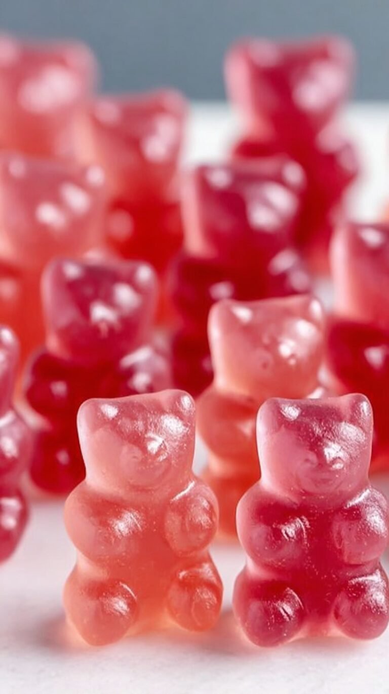 A pile of colorful, chewy sugar-free gummy bears in a small glass bowl.