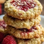 Golden buttery raspberry crumble cookies with sweet red jam centers on a wire rack