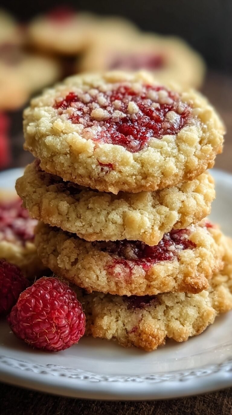 Golden buttery raspberry crumble cookies with sweet red jam centers on a wire rack