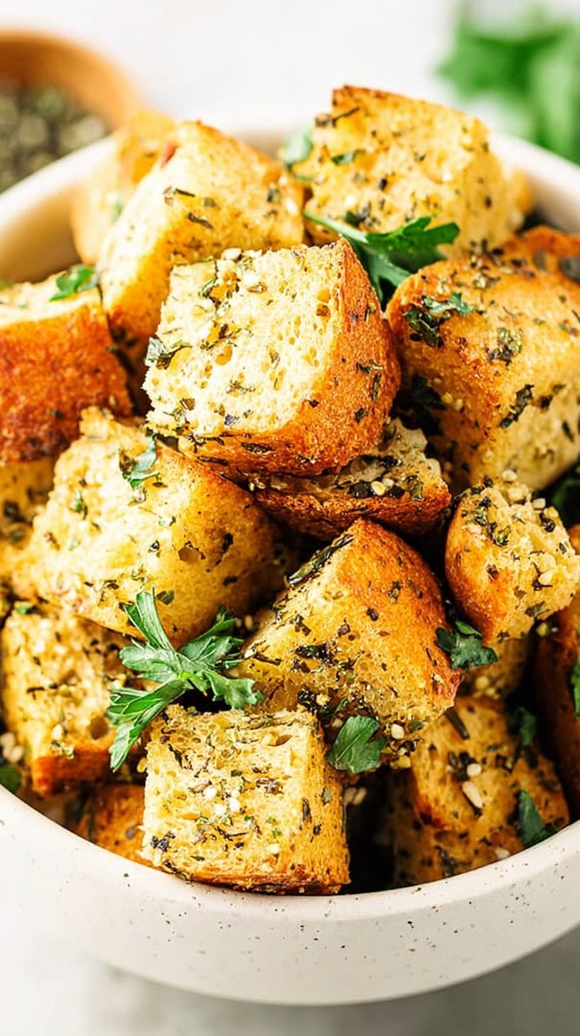 A close-up of golden brown, seasoned crispy keto croutons on a baking sheet.