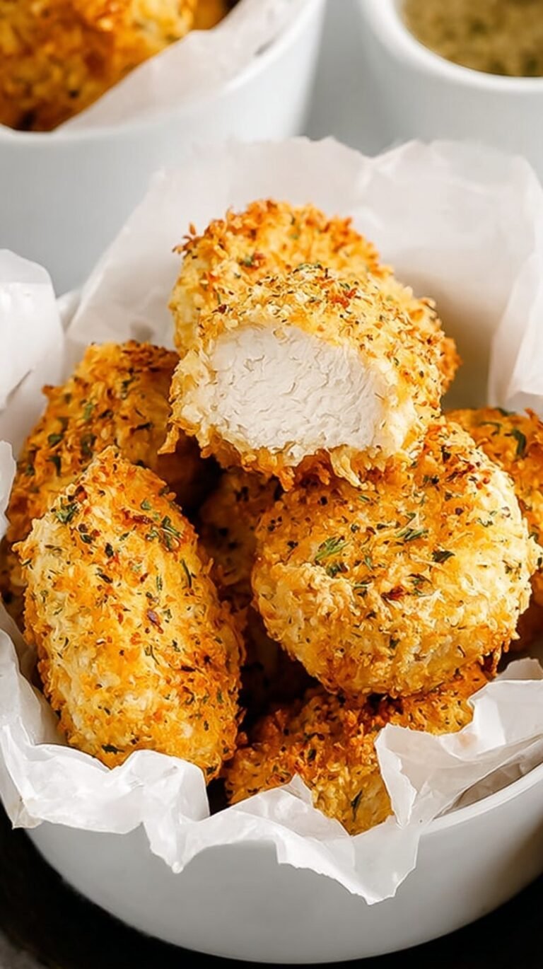 A plate of golden brown keto chicken nuggets with a side of ranch