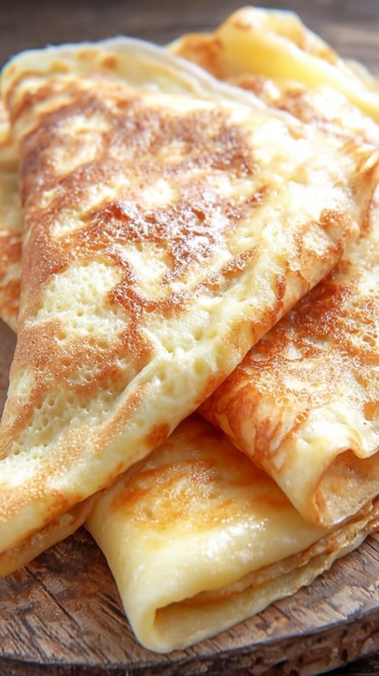 A stack of thin, golden low carb crepes served with fresh berries and whipped cream on a white plate.