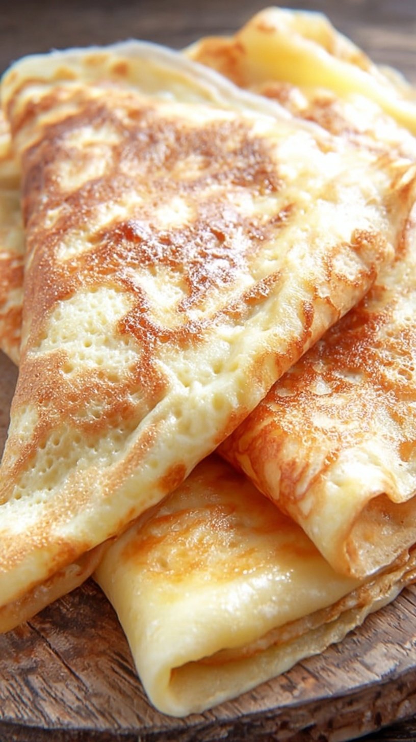 A stack of thin, golden low carb crepes served with fresh berries and whipped cream on a white plate.