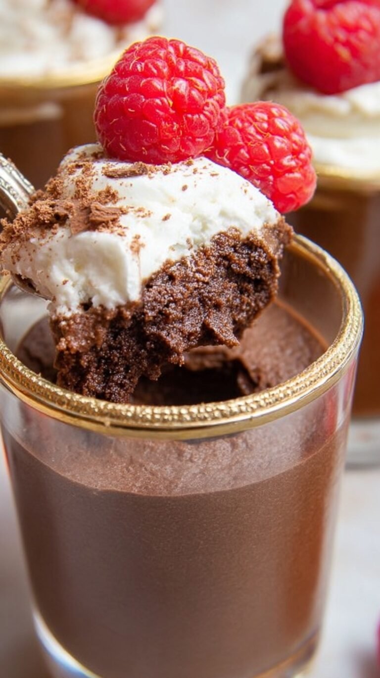 A glass ramekin filled with light and airy sugar free chocolate mousse topped with a single fresh raspberry.