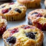 Golden brown low carb blueberry muffins in a tin on a wooden table