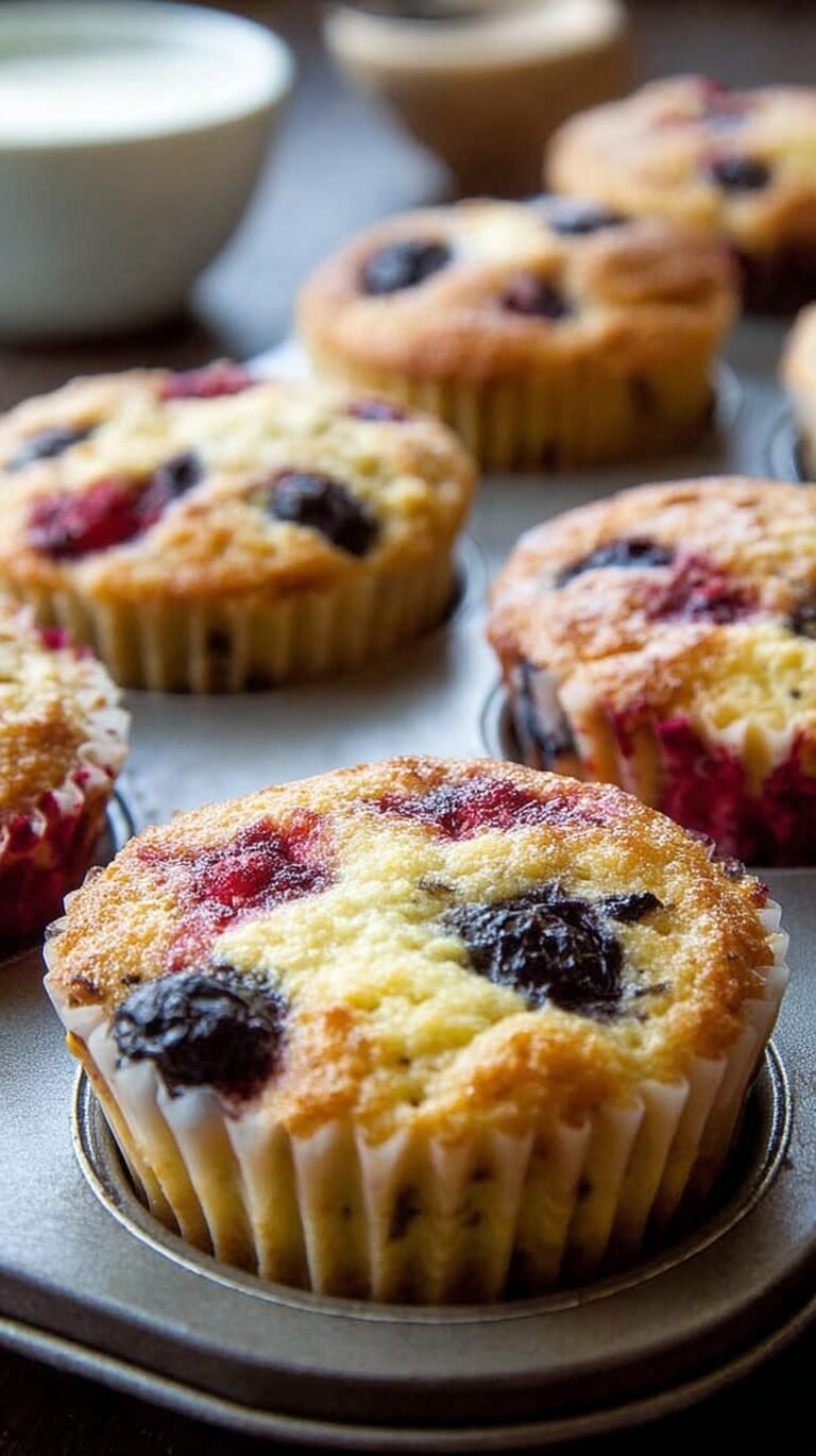Golden brown low carb blueberry muffins in a tin on a wooden table