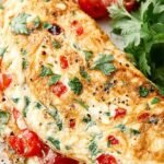 A fluffy egg white omelette folded over fresh spinach and chives on a white plate.