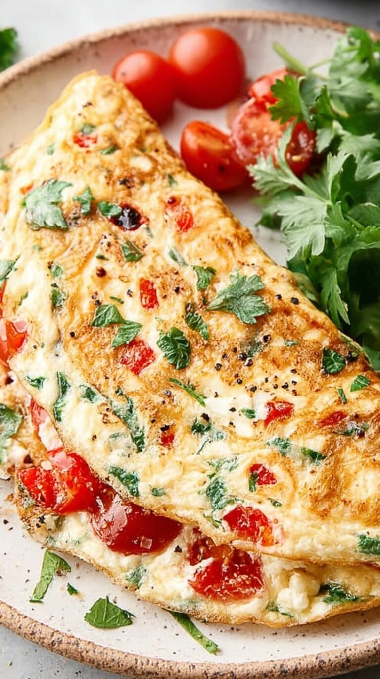 A fluffy egg white omelette folded over fresh spinach and chives on a white plate.