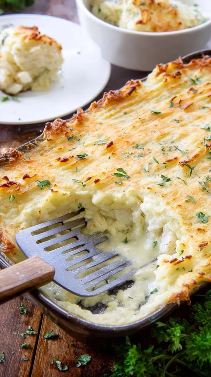 A golden-brown Keto Fish Pie in a white baking dish with a cheesy cauliflower mash topping.