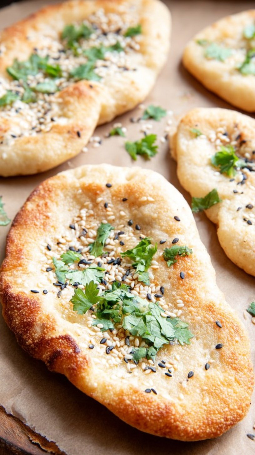 Golden brown keto garlic naan brushed with melted butter and fresh cilantro in a cast iron skillet