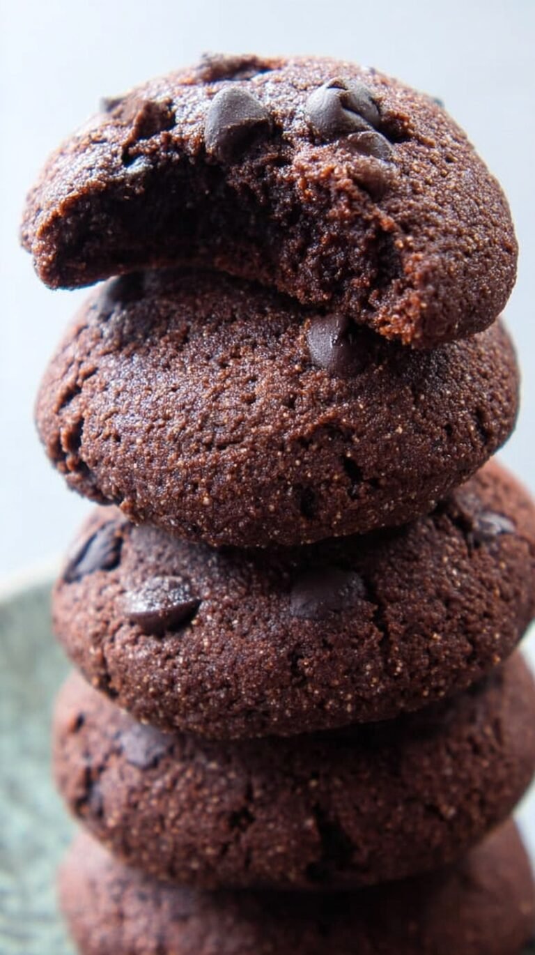 A stack of fudgy keto chocolate cookies with chocolate chips on a baking sheet.