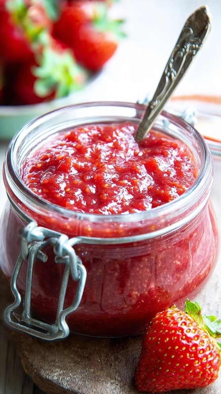 A glass jar filled with vibrant red sugar free strawberry jam next to fresh halved strawberries.