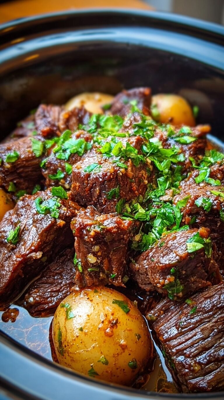 Cubed beef chuck roast in a slow cooker covered in garlic butter sauce and fresh parsley