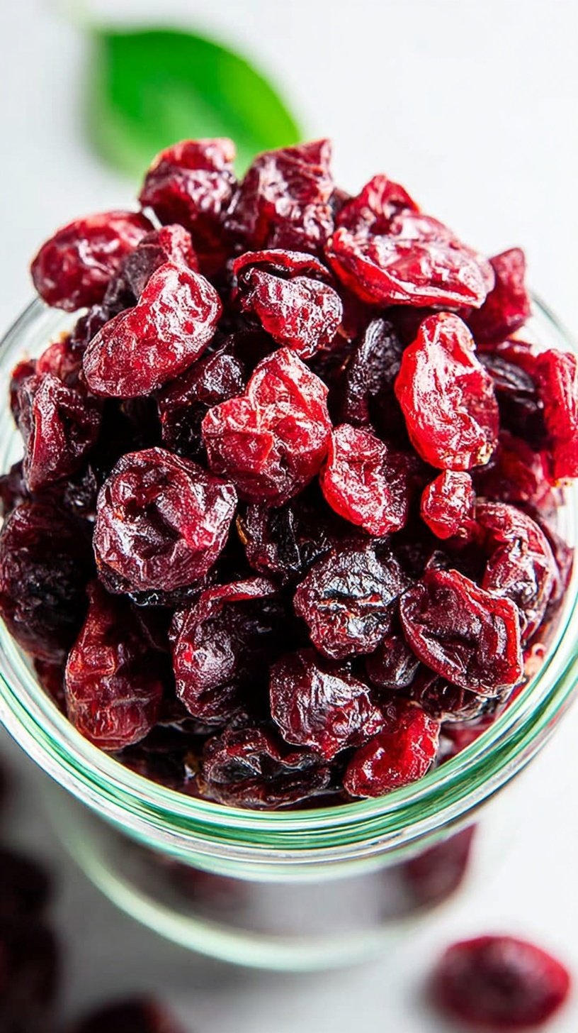 A bowl of vibrant red sugar free dried cranberries on a wooden table with fresh berries nearby.
