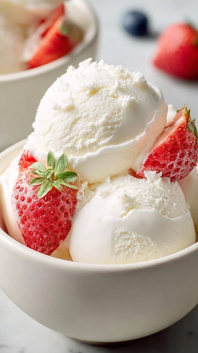 A bowl of creamy vanilla frozen yogurt topped with fresh berries
