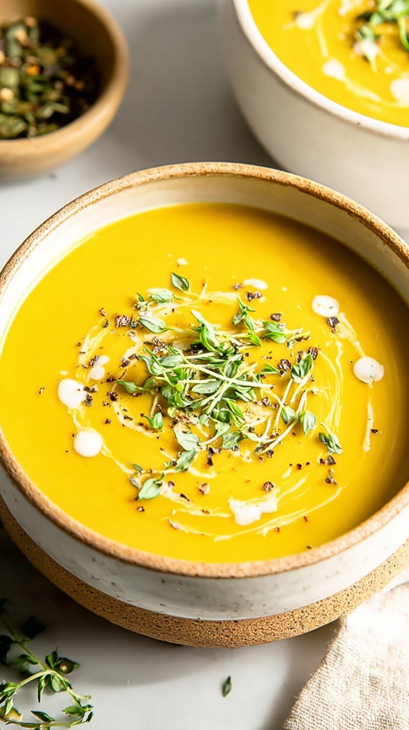 A bowl of creamy orange butternut squash soup garnished with pumpkin seeds and a swirl of cream