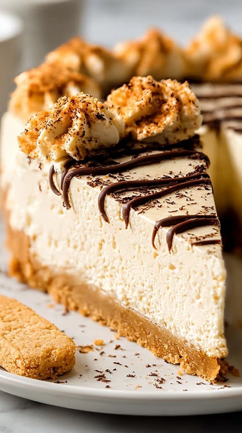 A slice of creamy peanut butter cheesecake with a dark chocolate crust on a white plate.
