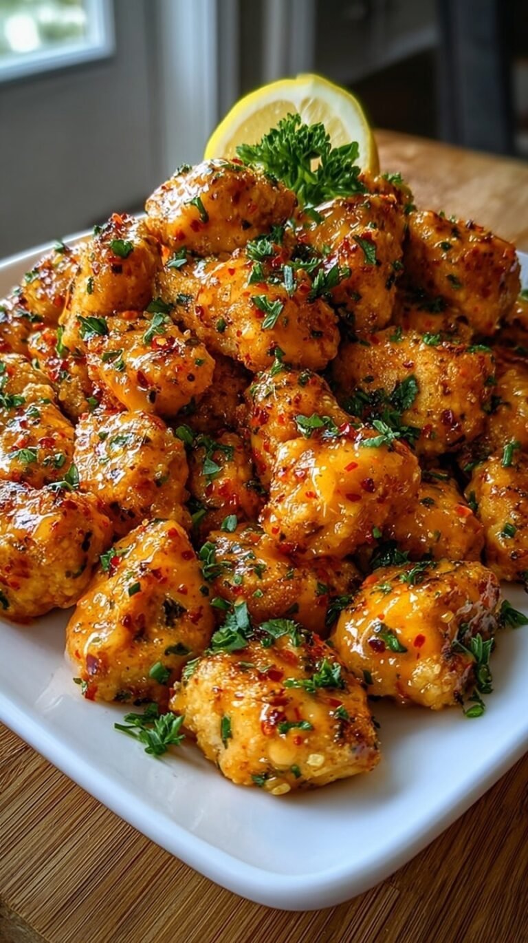 Golden brown chicken bites tossed in a vibrant garlic and herb butter sauce in a cast iron skillet.