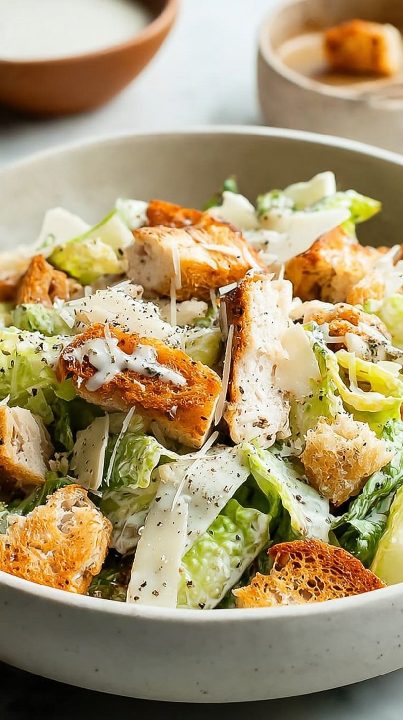 Fresh Keto Caesar Salad in a bowl topped with shaved parmesan and golden cheese crisps