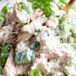 A bowl of creamy keto chicken salad with fresh dill and crunchy celery on a white plate.