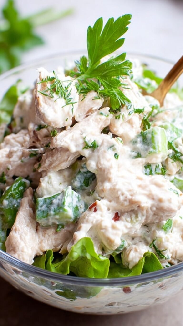 A bowl of creamy keto chicken salad with fresh dill and crunchy celery on a white plate.