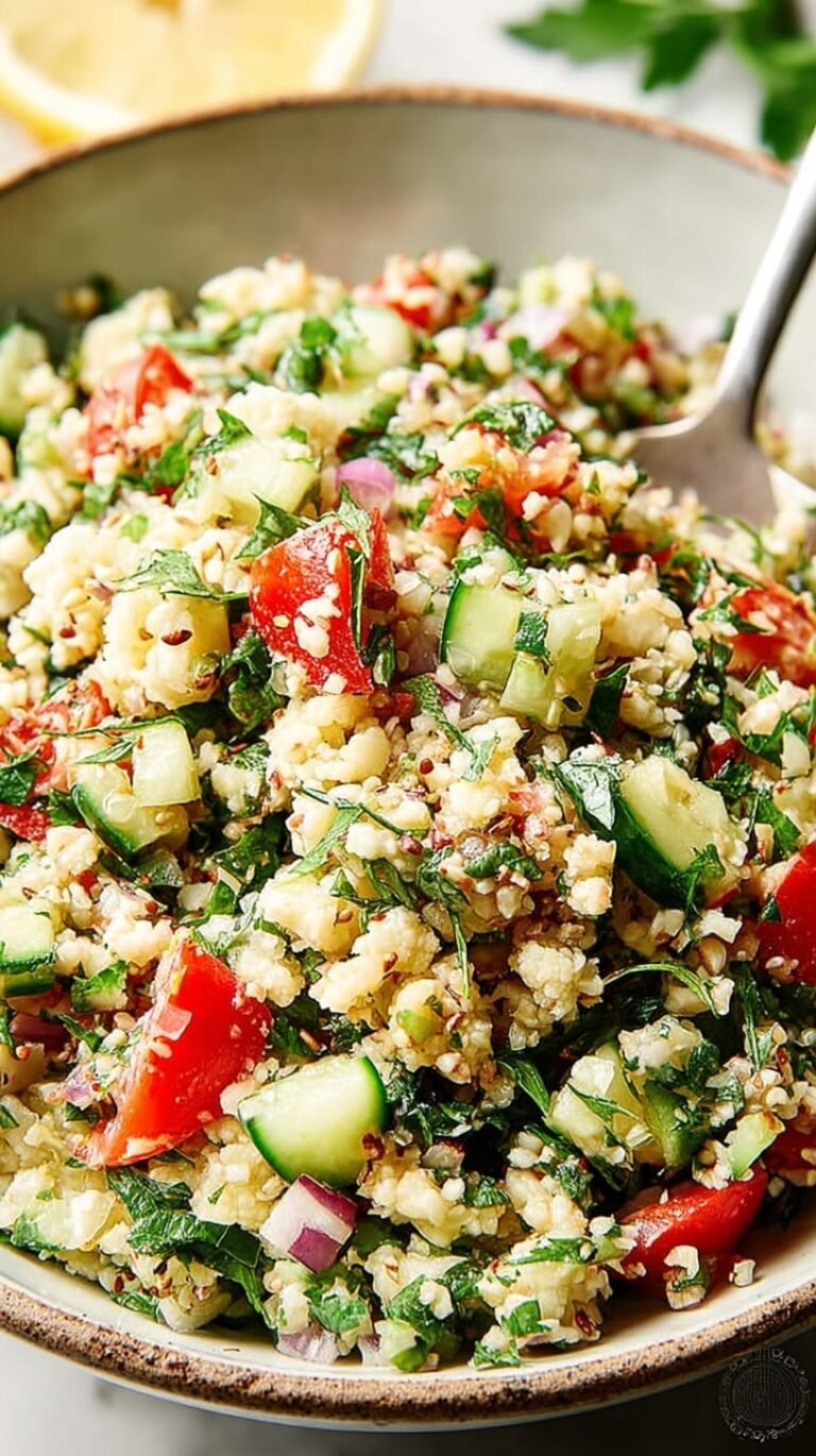 A bright bowl of Cauliflower Tabbouleh Salad with fresh parsley, mint, and tomatoes