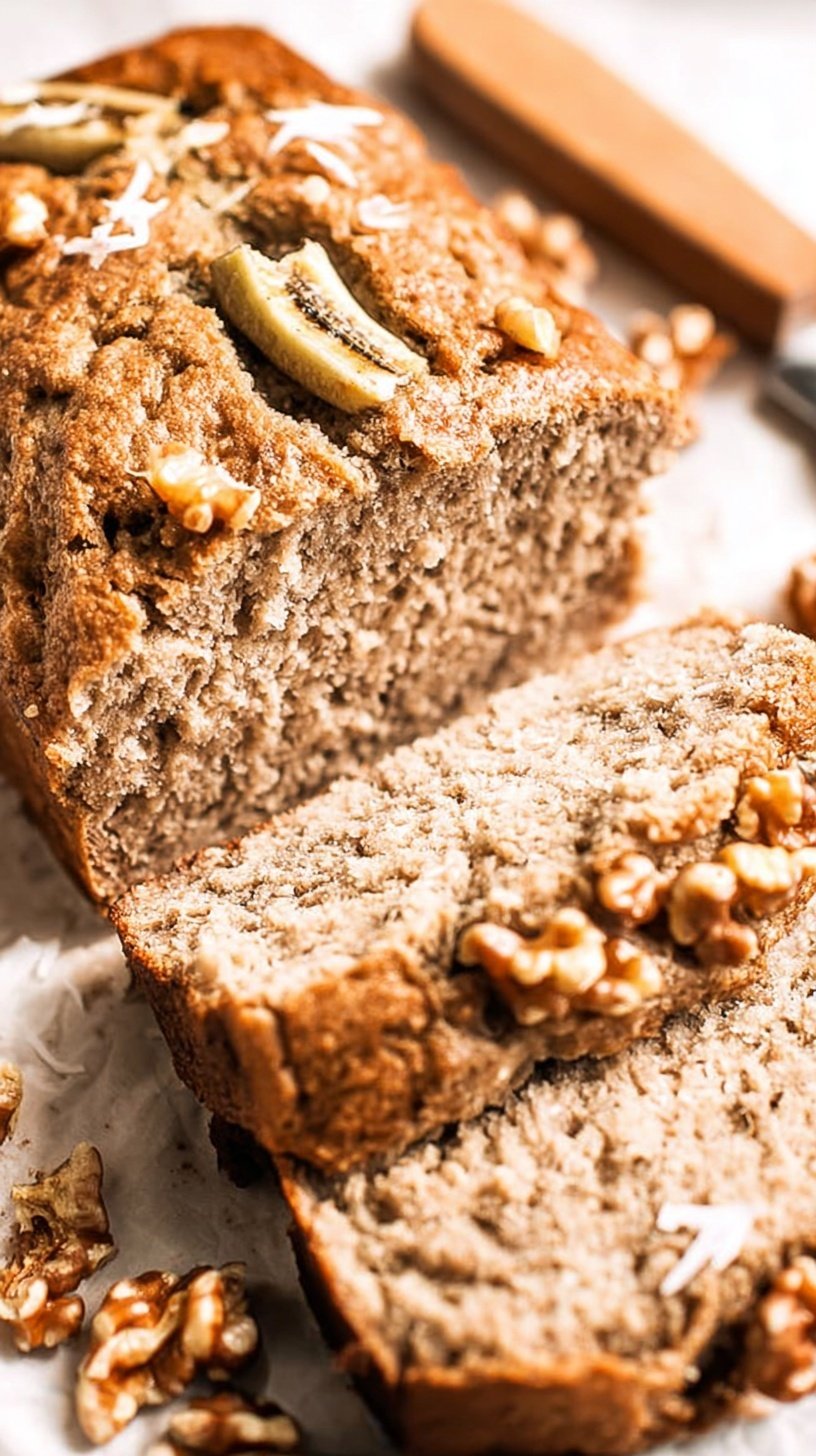 A golden-brown loaf of freshly baked coconut flour banana bread on a wooden board.