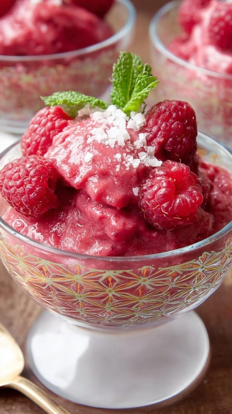 A bowl of vibrant pink raspberry frozen yogurt topped with fresh berries