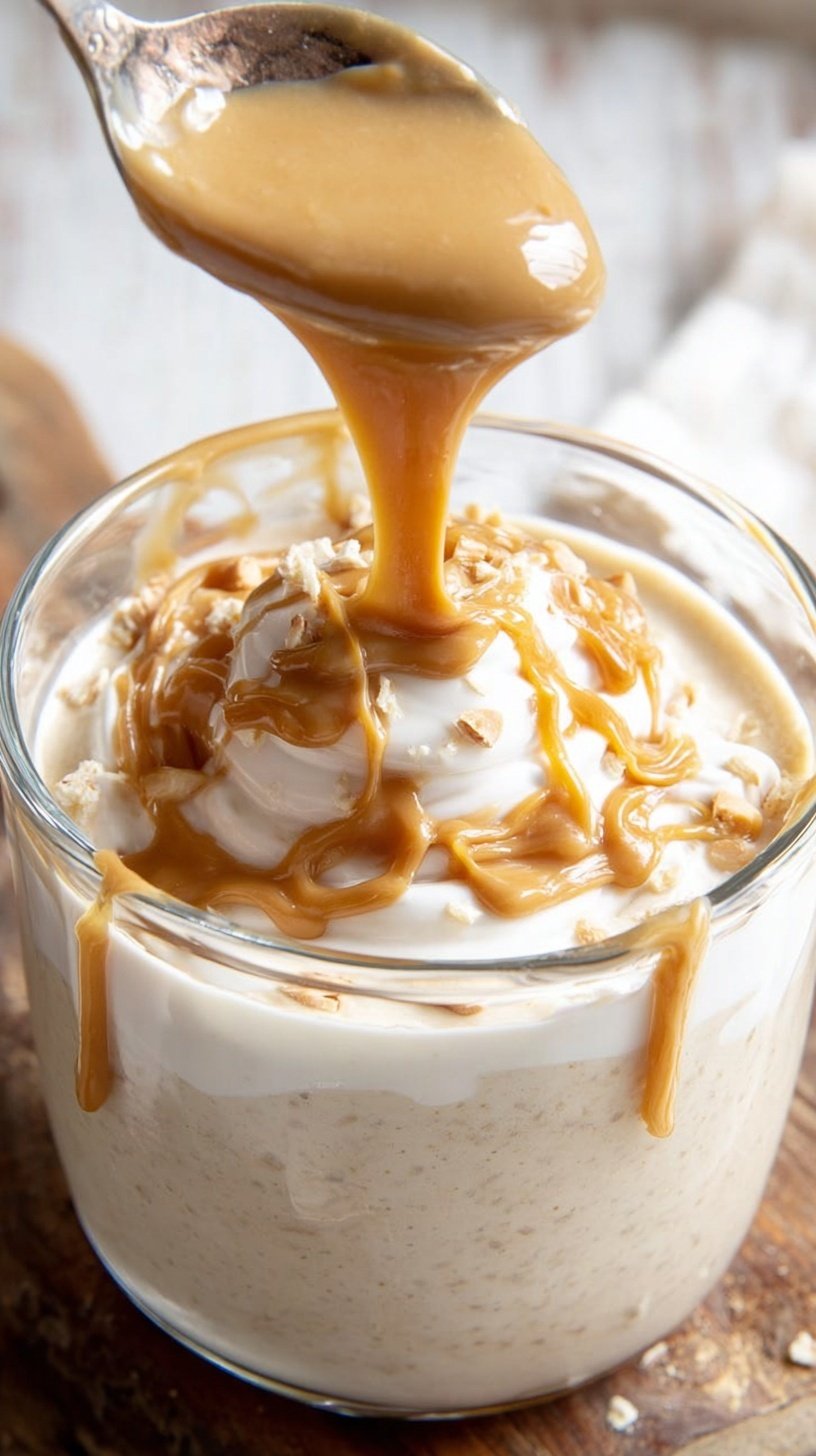 A bowl of creamy peanut butter yogurt topped with banana slices and cinnamon.