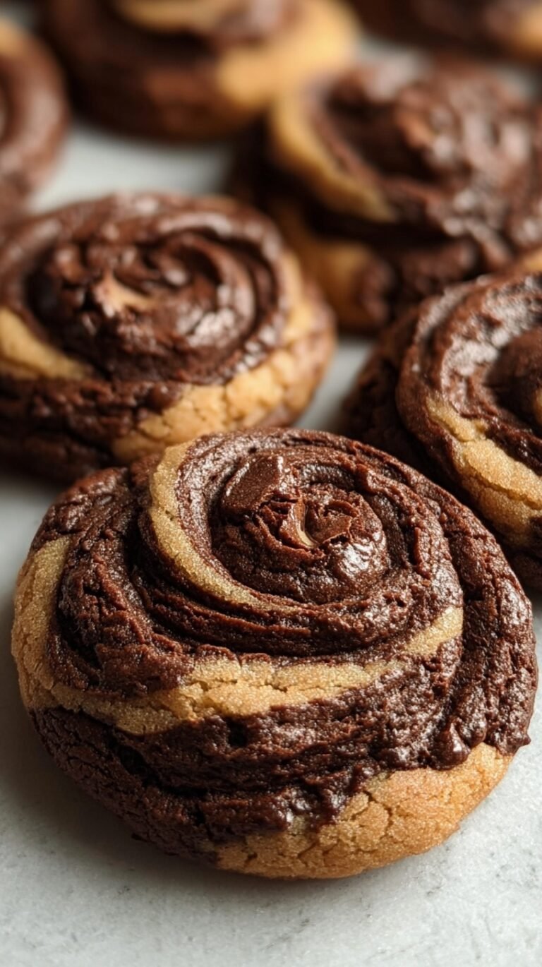 A stack of marbled brownie cookie swirls with golden edges and rich chocolate centers on a wire rack.