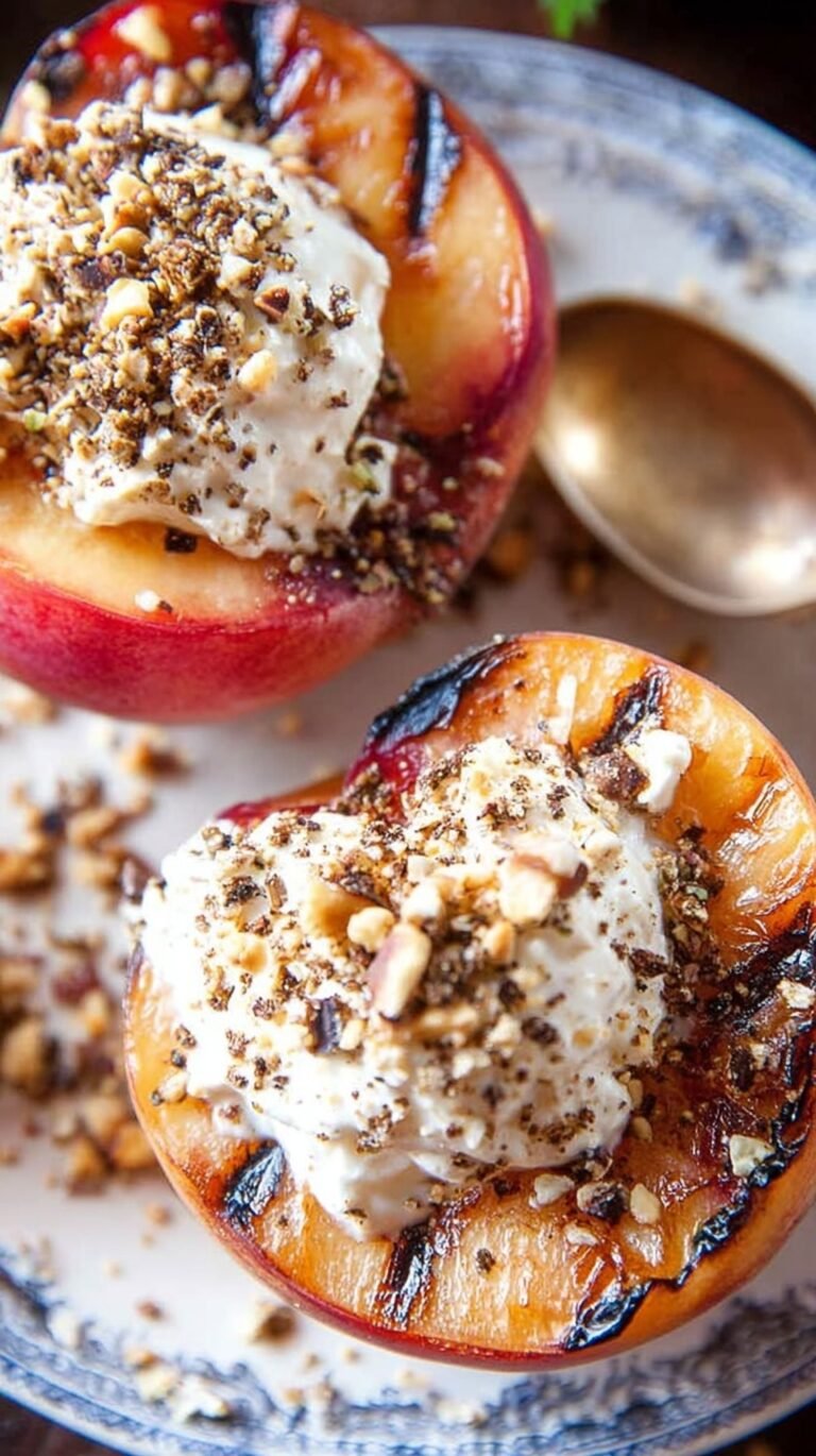 Grilled peach halves with a dollop of white mascarpone cream and fresh mint garnish