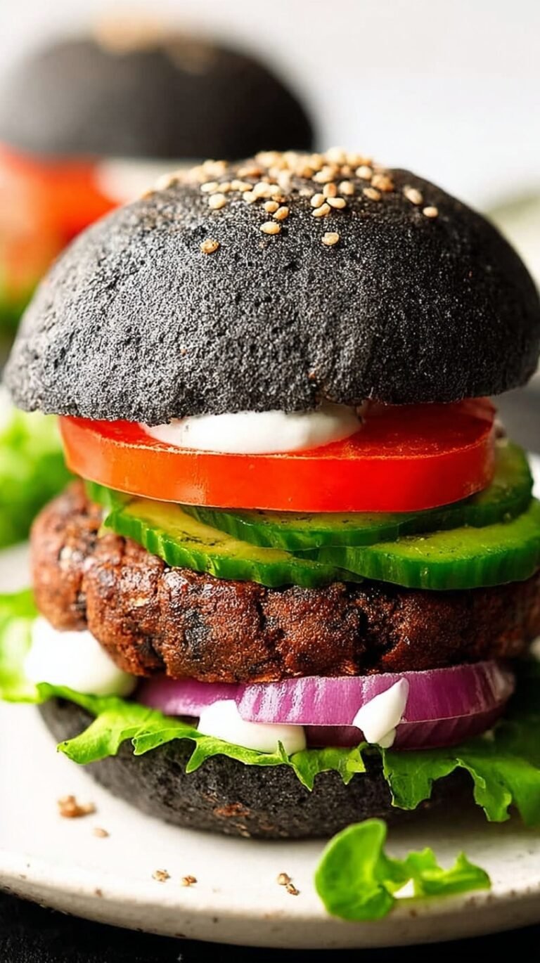 A stack of glossy black burger buns topped with black sesame seeds on a wooden board.