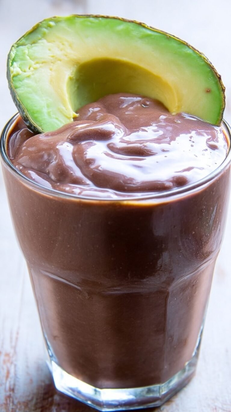 A thick chocolate avocado smoothie in a glass with a straw and fresh mint garnish