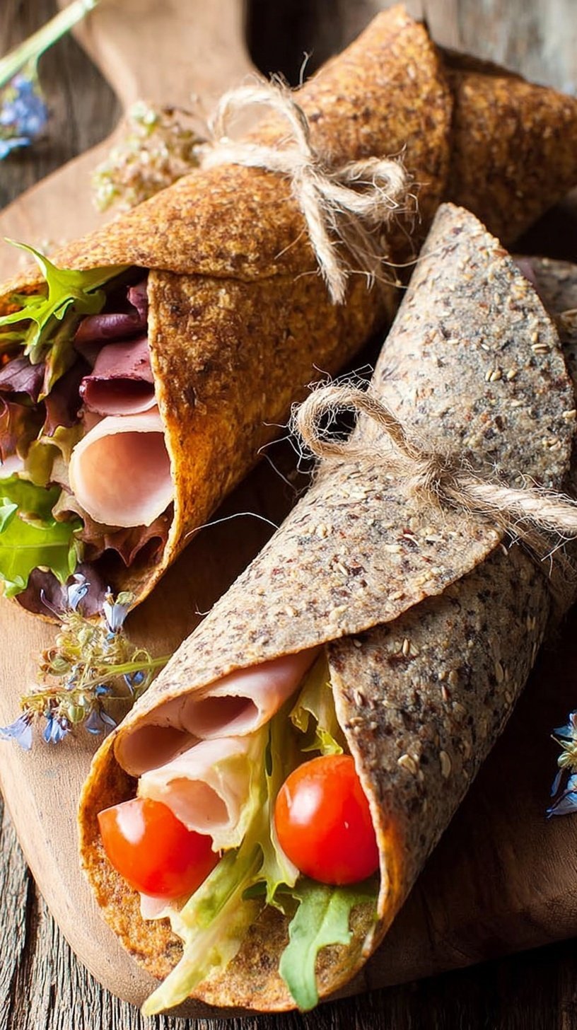 Freshly cooked golden flaxseed wraps stacked on a plate with a kitchen towel.