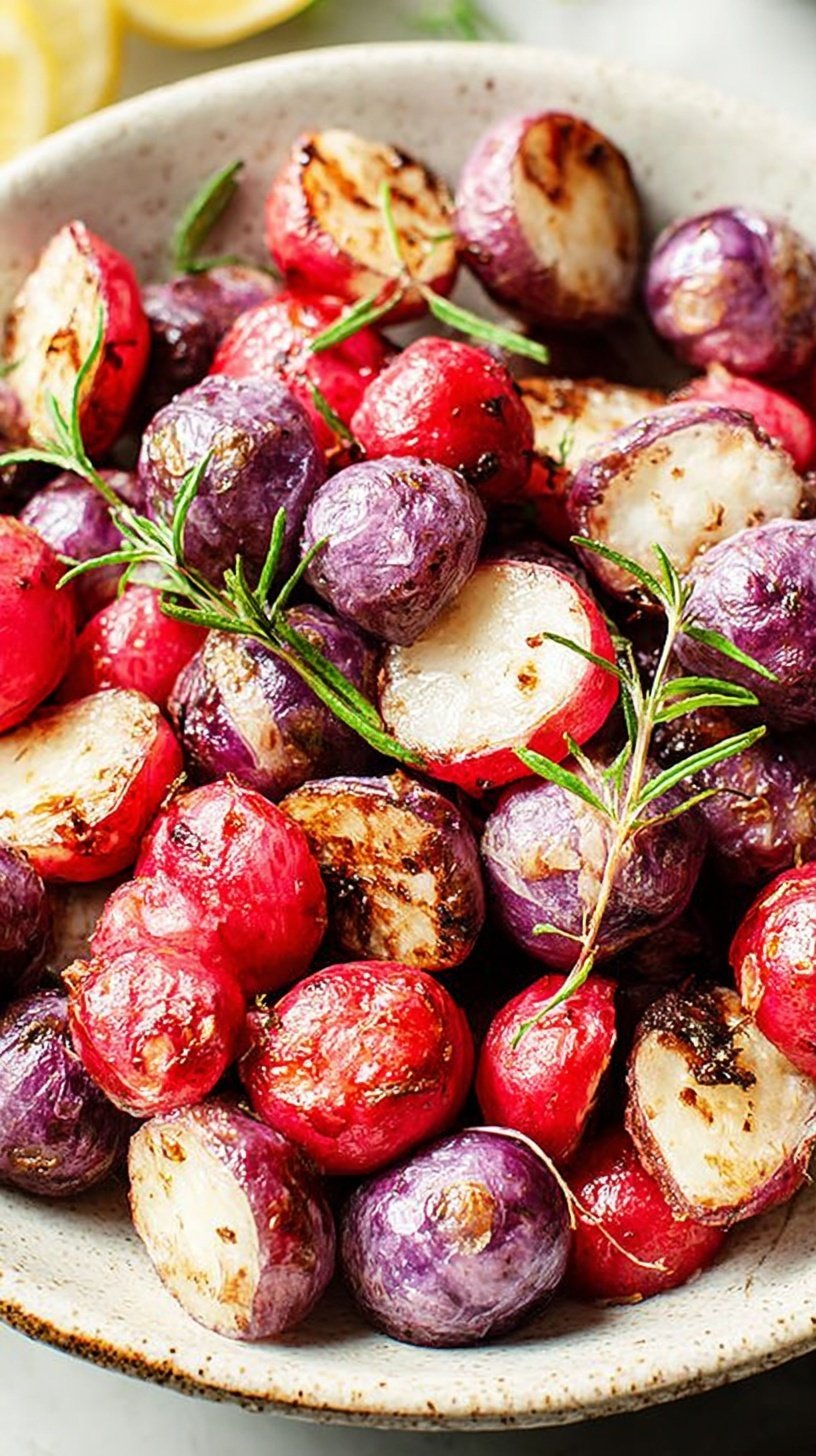 Golden brown roasted radishes in an air fryer basket with dried parsley garnish