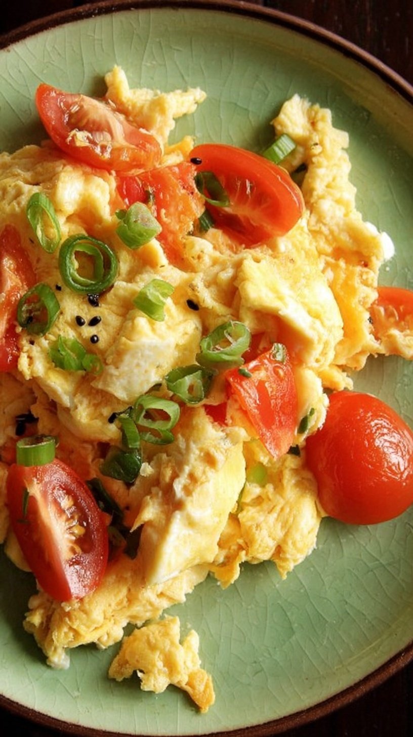 A plate of soft Vietnamese Scrambled Eggs with green scallions and shallots