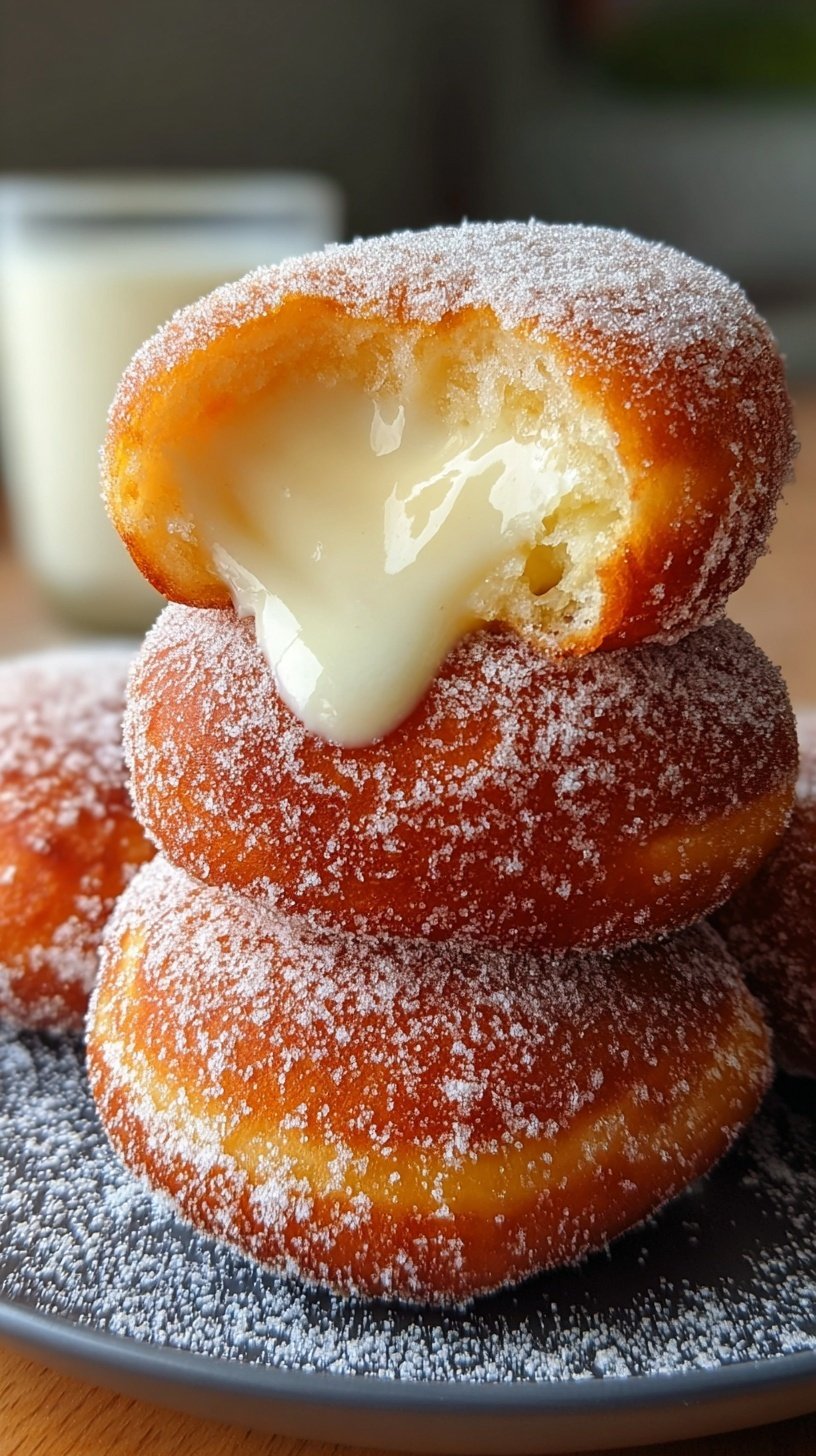 Golden brown Korean Milk Cream Donuts filled with fluffy white whipped cream and dusted with sugar