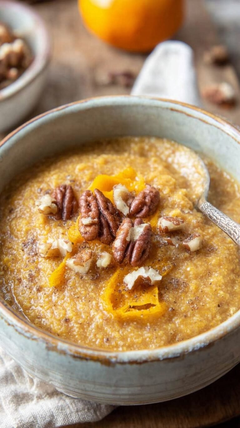 A smooth and vibrant orange pumpkin porridge served in a ceramic bowl with a wooden spoon.
