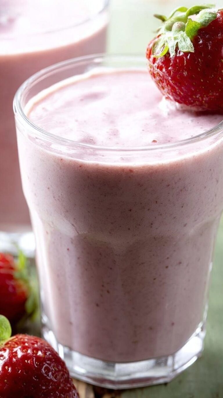 A vibrant pink avocado strawberry smoothie in a tall glass with a straw