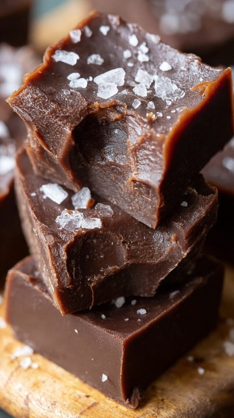 A stack of dense, dark keto chocolate fudge squares on a wooden board