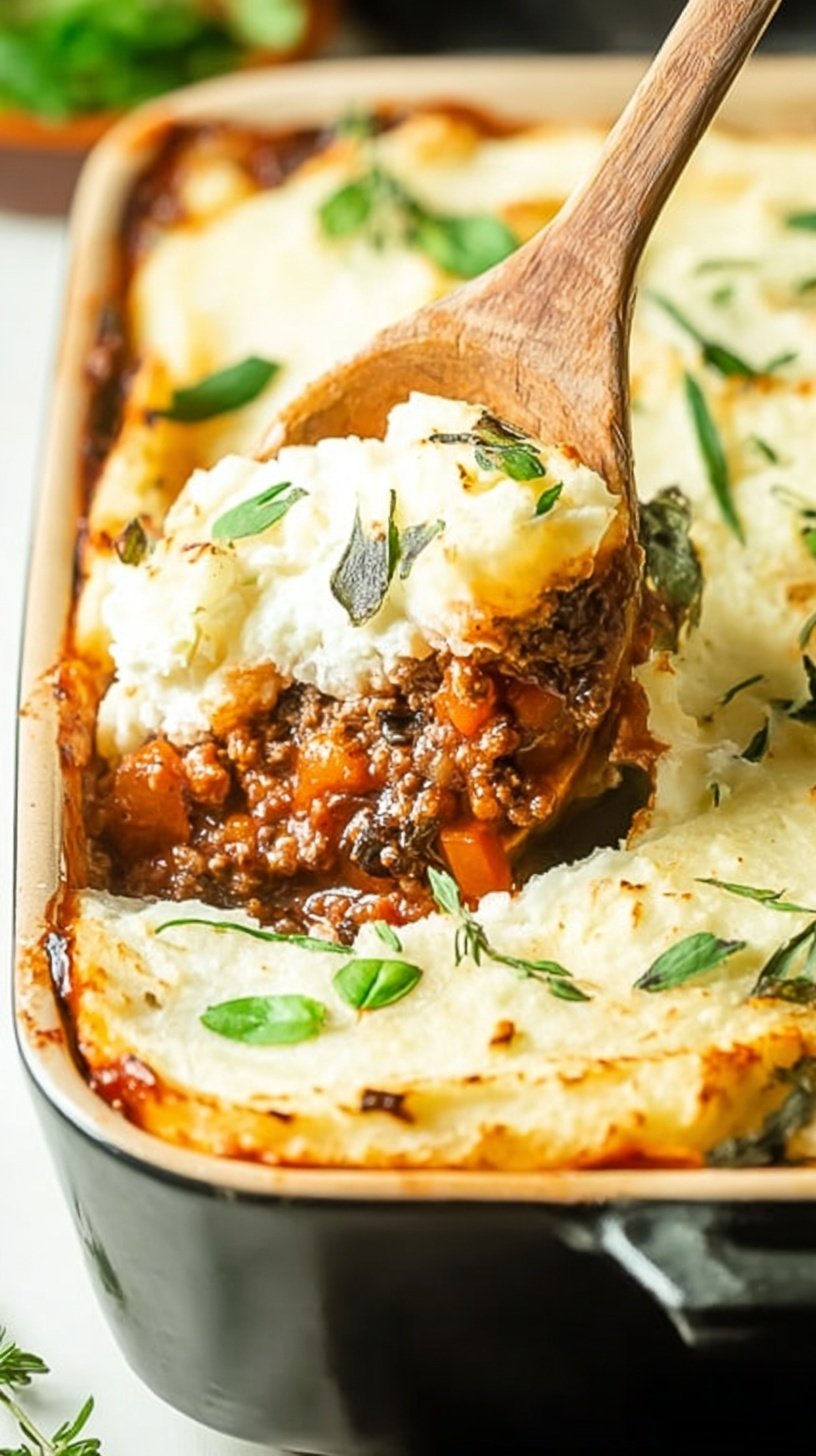 A golden brown Keto Cottage Pie in a ceramic dish with melted cheddar cheese and decorative cauliflower mash ridges.