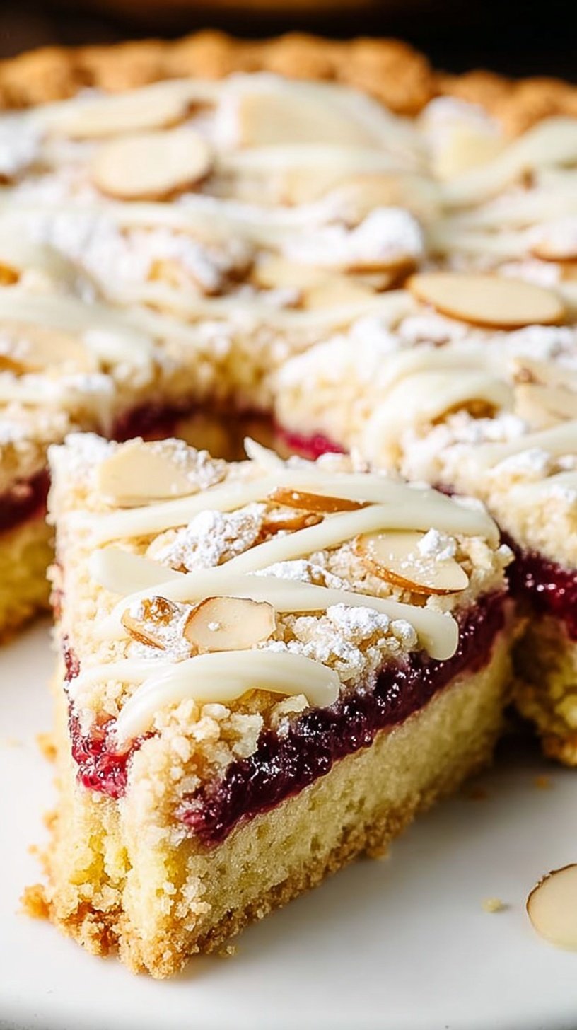 A golden brown Keto Bakewell Tart topped with flaked almonds and a raspberry jam layer.