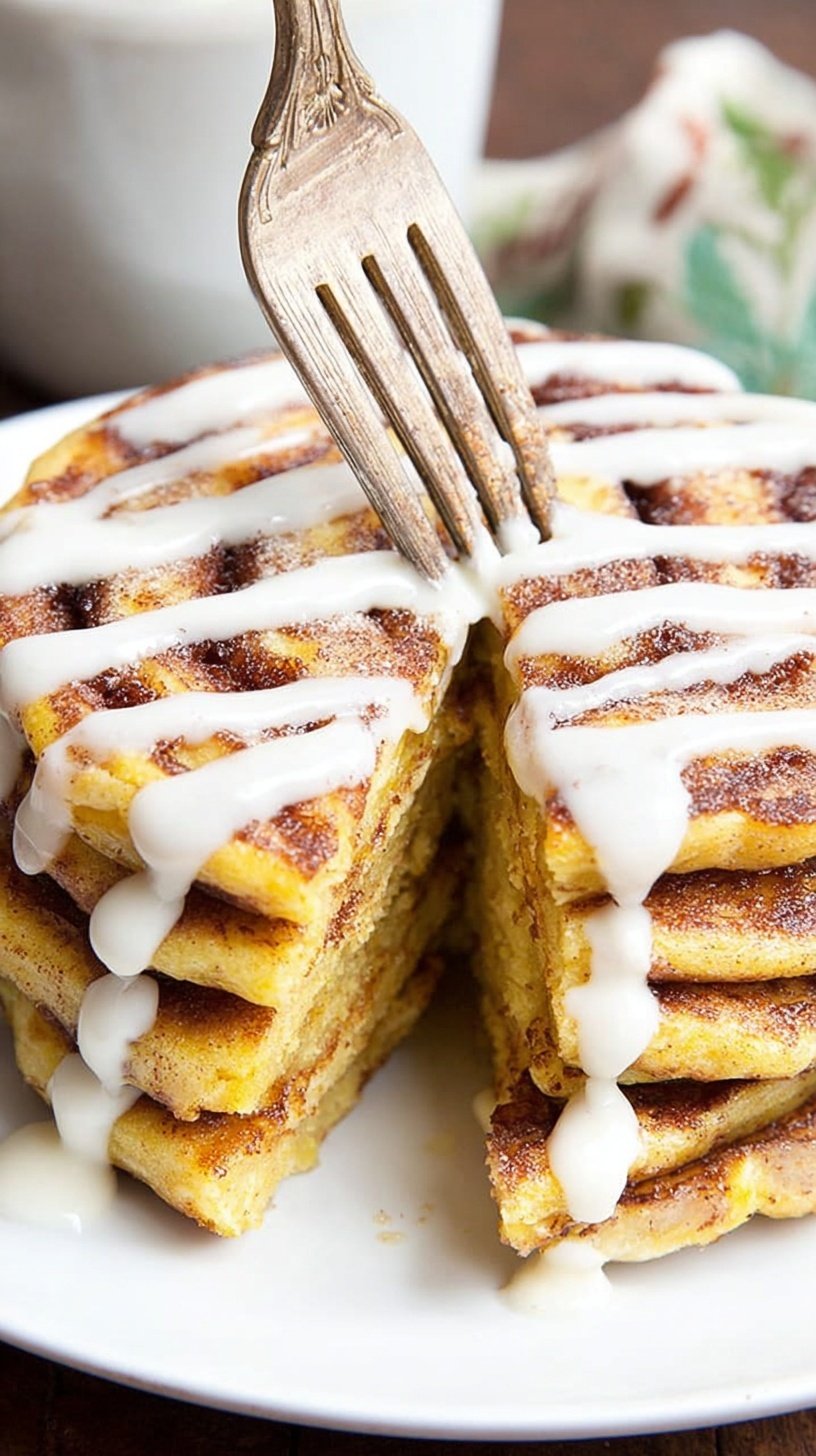 A stack of keto cinnamon roll pancakes with a white cream cheese glaze and cinnamon swirl