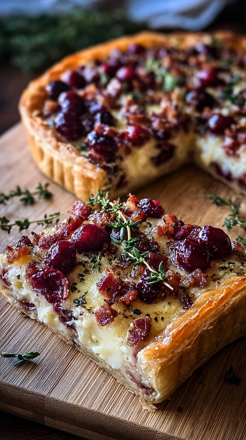 Golden brown mini cranberry brie tarts topped with crispy pancetta and fresh thyme on a serving tray.