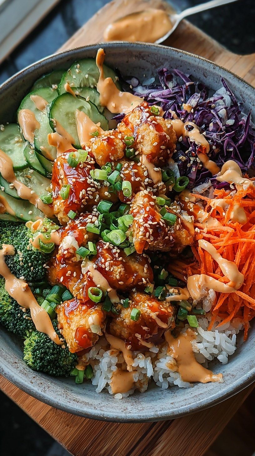 A colorful Bang Bang Chicken Bowl with crispy sauced chicken, cucumbers, and carrots over rice.