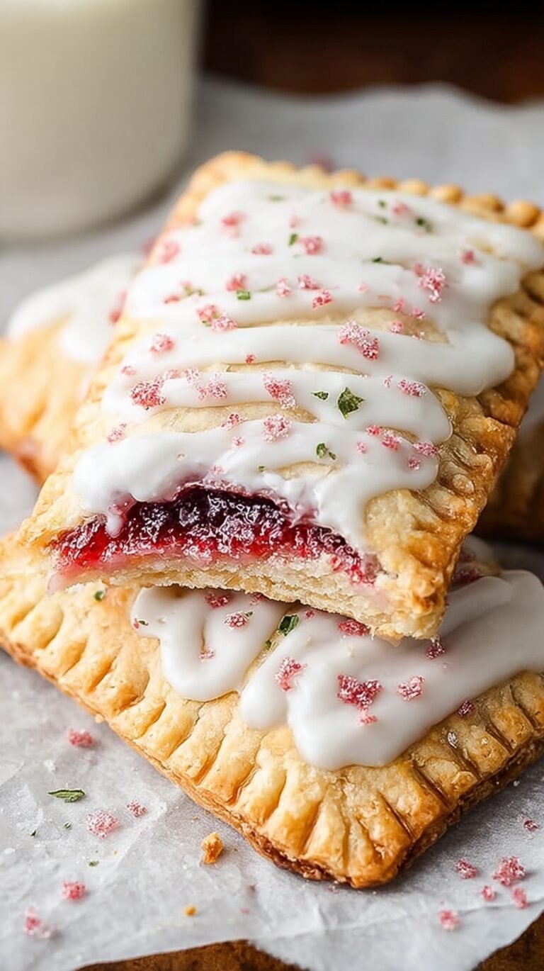 Golden brown keto strawberry pop tarts with white glaze and pink sprinkles on a baking sheet