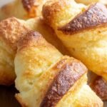 A basket of golden brown keto laminated croissants with visible flaky layers on a white linen napkin.